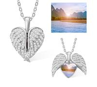 callie Personalized Angel Wings Photo Locket Necklace, Custom Sterling Silver/Brass Engraved Heart Picture Wing Pendant | Memorial Jewelry Gift for Women & Men