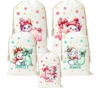 callie Personalized Christmas Drawstring Gift Bags - Custom Name & Initial, Snowman Canvas Wrapping Bags with Drawstring, Xmas Holiday Party Favors Gifts for Family Friends