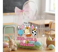 callie Personalized Easter Clear PVC Gift Bags - Custom Name, Easter Bunny Treat Goodie Bag with Handles & Ribbons, Egg Hunting Gifts for Kids Girls Boys (1 Pcs)