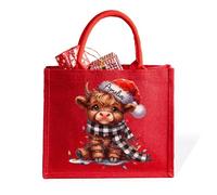 callie Personalized Highland Cow Jute Red Tote Bags, Large Reusable Xmas Shopping Burlap Bag with Handle, Christmas Birthday Gifts for Women, Kids, Cow Lovers