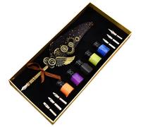 Calligraphy Feather Pen Set for Beginners with 6 Nibs, 5 Bottles of Ink, Vintage Map Design Box, Perfect for Gifting