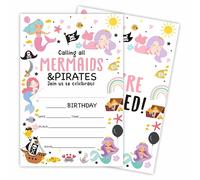 Calling All Mermaids & Pirates - 20 Birthday Invitations With Envelopes - Rainbow Unicorn - Double-Sided Fill In Style Birthday Invite Cards For Kids, Girls, Party Favor & Decorations(20 Pcs) - B15