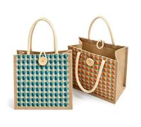 CALLYSONIC Pack of 2 Jute Bag, Reusable Tote Bag, Basket Bags, Women, Canvas Bag with Handle & Buttons, Small Fabric Bag, Jute Bag, Shopping Bag for Travel, Shopping, Picnic, Everyday Use