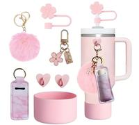 CALLYSONIC Stanley Cup Accessory Set, Includes 1 Straw Cover, 1 Fluffy Pendant, 1 Silicone Base Cuff, 1 Key Ring, 2 Heart-Shaped Hooks, 1 Lipstick Case (Pink-1)