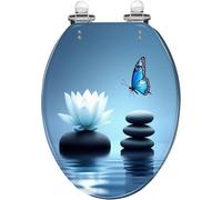 Calm Blue Elongated Decorative Toilet Seat with Zen Lotus Flower & Butterfly, Quick Release Hinges, Easy to Clean, Quietly Close, White Resin Spa Stone Design