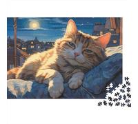Calm Cat at Night 1000 Piece Travel Puzzle for Adults Tabby Cat Moon Sleepy Premium Thick Sturdy Challenging Stress Relief 70x50cm/1000pcs