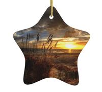 Calm Coastal Scene Double-Sided Printed Ceramic Star Christmas Ornament With Gold Hanging Cord-Festive Holiday Decoration For Home,Store, Christmas Tree