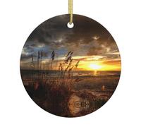 Calm Coastal Scene Double-Sided Printed Christmas Ceramic Round Ornament With Gold Hanging Cord-Festive Holiday Decoration For Home,Store