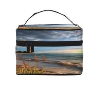 Calm Coastal Scene -Print Waterproof Large Cosmetic Bag for Travel & Gym, Makeup Organizer with 4 Elastic Straps & Compartments,Premium Twill Fabric.