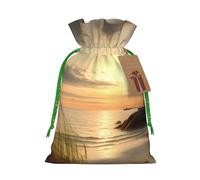Calm Coastal Scene Printed Christmas Drawstring Bags,M | Reusable Xmas Gift Storage Bags, Green Christmas Ribbon