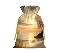 Calm Coastal Scene Printed Christmas Drawstring Bags,S | Reusable Xmas Gift Storage Bags, Yellow Christmas Ribbon