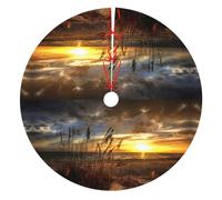 Calm Coastal Scene Thick Christmas Tree Skirt With Flannel Backing,Polyester Water-Resistant Full Print Holiday Tree Collar For Christmas,Halloween,New Year Decorations