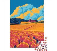 Calm Farm Afternoon Sunset Minimalist Art Illustration Jigsaw Puzzle 1000 Pieces, Vintage Architecture Destination, 1000 Pieces for Adults, Travel Gift for Puzzle Lovers, Paper Board, 52x38cm/1000pcs