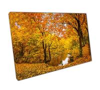 Calm Orange Yellow Autumnal Woodland With Lake Wall Art Print On Canvas Picture For Home Office Decor 91x61cm (36x24In)
