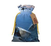 Calm Sea and Rocks Printed Christmas Drawstring Bags Reusable Xmas Bag for Party Xmas Gift Wrapping, Yellow Ribbon, M