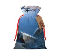 Calm Sea and Rocks Printed Christmas Drawstring Bags Reusable Xmas Bag for Party Xmas Gift Wrapping, Red Ribbon, M