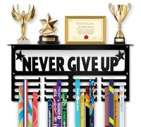 CALMCREST Medal Hanger Display with Trophy Shelf - Holds 70+ Medals, Easy Wall Install, 20lbs Capacity, Never Give Up 16" Race Medal Holder Trophy Display for Sports & Competition Awards