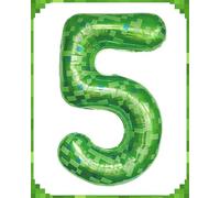 Calmi 40 Inch Giant Green Pixel Miner Theme Number Foil Balloons, Numbers 5 Available, Large Mining Style Party Balloons for Kids' Birthday & Anniversary Decorations
