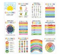 Calming Corner Posters - 12 Pieces Mental Health Posters for Mindfulness, Classroom Emotions Chart with Coping Skill Graphics & Grounding Techniques for Daycare, Library and Preschool