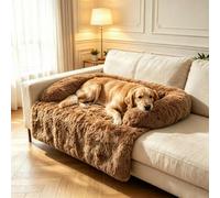 Calming Dog Bed for Couch, Thickened Plush Dog Mat with Raised Bolster, Washable Pet Sofa Bed & Furniture Protector, Non-Slip Dog Couch Cover for Small Medium Large Dogs & Cats (Khaki, Medium)