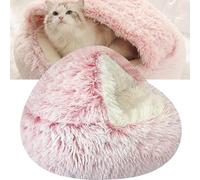 Calming Dog Beds & Cat Cave Bed with Hooded Cover, Round Plush Fluffy Hooded Cat Bed Cave, Washable Non-Slip Cove for Small Medium Pets (Pink, 16in)
