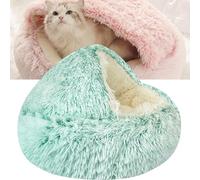 Calming Dog Beds & Cat Cave Bed with Hooded Cover, Round Plush Fluffy Hooded Cat Bed Cave, Washable Non-Slip Cove for Small Medium Pets (Green, 16in)