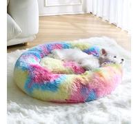 Calming Donut Fluffy Anti-Anxiety Round Washable Cute Bed, Plush Cozy Cuddler Warming Soft Comfort Pet Puppy Bed for Small Medium Dogs, 20inch, Rainbow