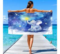 Calming, Fairytale, Watercolour Beach Towel 160 x 76 CM Microfibre Cartoon Elephants, Five-Pointed Stars, Night Sky Pool Towels Sand Free Quick Dry, Swim Towels for Adult Ideal Vacation Gifts