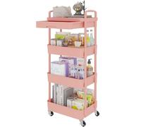 Calmootey 4-Tier Rolling Utility Cart with Drawer,Multifunctional Storage Organizer with Plastic Shelf & Metal Wheel,Storage Cart for Kitchen,Bathroom,Living Room,Office,Pink