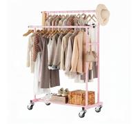 Calmootey Double Rail Clothes Rack, Rolling Clothes Rack, Portable Clothes Organizer for Bedroom, Living Room, Clothing Store, Pink