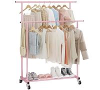 Calmootey Double Rail Clothes Rack, Rolling Clothes Rack, Portable Clothes Organizer for Bedroom, Living Room, Clothing Store, Pink