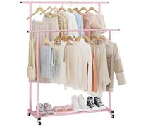 Calmootey Double Rail Clothes Rack, Rolling Clothes Rack, Portable Clothes Organizer for Bedroom, Living Room, Clothing Store, Pink