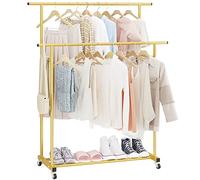Calmootey Double Rod Clothing Garment Rack,Rolling Hanging Clothes Rack,Portable Clothes Organizer for Bedroom,Living Room,Clothing Store,Gold