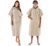 CalmyBEACH Terry Cloth Bath Poncho for Men and Women, Surf Poncho, 100% Cotton, Beach Poncho with Zip Compartment, Hood, Changing Aid, Beach Bathrobe, beige, L-XL
