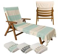 CalmyBEACH Towel for Sun Lounger 200 x 70 cm - with Hood 100% Cotton Protective Cover for Garden Lounger Lounger Towel with Envelope Deck Chair Cover Lounger Beach Lounger (Jade / Natural)