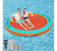 CALOBANA 8ft Round Inflatable Dock, Heavy Duty Water Hammock Floating Ring Island Platform Lake Raft for Adults Party Tanning Pool, Mint Green & Orange & Orange
