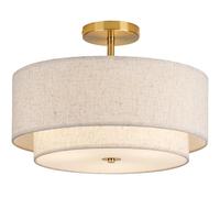 CALOKES 16" Double Drum Gold 3-Light Semi Flush Mount Ceiling Light, Classic Fabric Linen Shade Design for Living Room, Bedroom, Kitchen, Dining Room, Hallway and Entryway