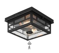 CALOKES Outdoor Flush Mount Motion Sensor Ceiling Light - Timeless Industrial Design with Seeded Clear Glass for Your Porch, Driveway, Covered Patio, Farmhouse, and Entryway