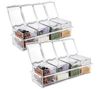 Calolin 2 Pcs 4-Compartment Spice and Topping Containers Set with Spoons, Clear Plastic Storage Boxes for Condiments, Ice Cream Toppings, and Seasonings, Leak-Proof and Dust-Free