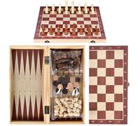 Calolin 3 in 1 Travel Chess Set, Wooden Folding Board with Staunton Chess Pieces, Checkers and Backgammon, Portable Game Set for Adults and Youngsters, 11.4 x 5.7 in