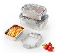 Calolin 3 PCS Stainless Steel Food Storage Containers, Airtight Bento Box with Leakproof Lid & 4 Side Clips, Stackable Meal Prep Containers, Fridge Dishwasher Oven Safe for Snacks Fruits Leftovers