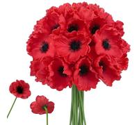 Calolin 32 Pcs Artificial Poppy Flowers, Red PU Fake Poppies, Realistic 12.9 in Blooms with Bendable Stems, 3.3 in Flower Diameter for Home Decor, Weddings, Commemorative Events