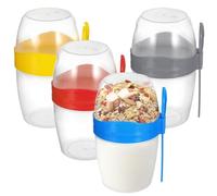 Calolin 4 PCS Salad Shaker Cup with Lid and Spoon, Portable Reusable Plastic Breakfast Cup, Leakproof Layered Design for Oats, Cereal, and Snacks, 4 Colors for Home or Outdoor Use