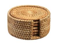 Calolin 6 Pcs Rattan Coasters with Holder Set, Handwoven Rattan for Drinks, 3.9 in Diameter, Heat Resistant, Tabletop Protection, Easy to Clean, Perfect for Hot and Cold Drinks