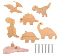 Calolin 6 Pcs Wooden Dinosaur Drawer Knobs, Natural Beech Wood Cabinet Pulls with Mounting Screws - Cute Dino Drawer Handles for Room Dresser, Nursery Furniture, Kitchen Cabinet