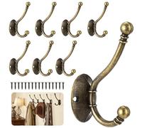Calolin 8 Pcs Brass Coat Hooks, Vintage Wall Mounted Double Prong Robe Hooks, Sturdy Antique Design, 3.98 x 2.64 x 1.33 in, for Wooden Cabinet Doors, Bedroom, Bathroom & Entryway