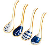 Calolin Asian Ceramic Soup Spoons 4 Pack, Blue and White Porcelain Large Serving Spoons, Traditional Oriental Design, Gold Trim Deep Bowl Spoons for Ramen, Pho, Rice Dishes, 6.3 inch Length