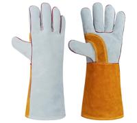 Calolin Cowhide Welding Gloves, 15.75 in Heat Resistant BBQ Gloves, Fireplace Oven Gloves, Reinforced Palm, Leather Work Gloves, Long Sleeve, Brown and Grey