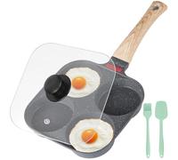 Calolin Egg Pan Nonstick for 4 Eggs, Aluminum Alloy Small Egg Frying Pan with Lid, 7.5 x 7.5 in Square Design, Wood Grain Long Handle, Includes Silicone Spatula and Brush