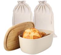 Calolin Large Bread Box with 2 Bags, Bread Box for Kitchen Countertop, Plastic Storage Bin with Wooden Cutting Board Lid, Loaf Bag with Oilproof Lining, Present for Bakery Lovers